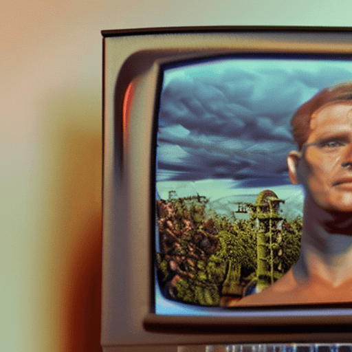 AI generated: Photo of a man who has a tv set for a head, dramatic light, pale sunrise, cinematic lighting, low an...