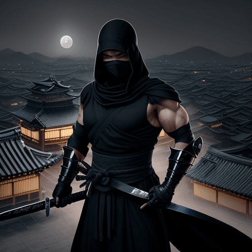 AI generated: An incredibly skilled ninja, clad in traditional black garb, with a gleaming sword drawn and ready f...