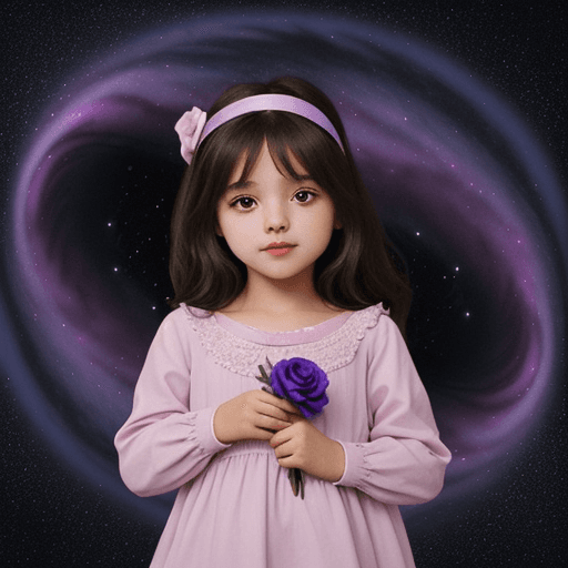 AI generated: an innocent girl holds a rose. cute girl. cartoon. child. background of purple galaxy sky and beauti...