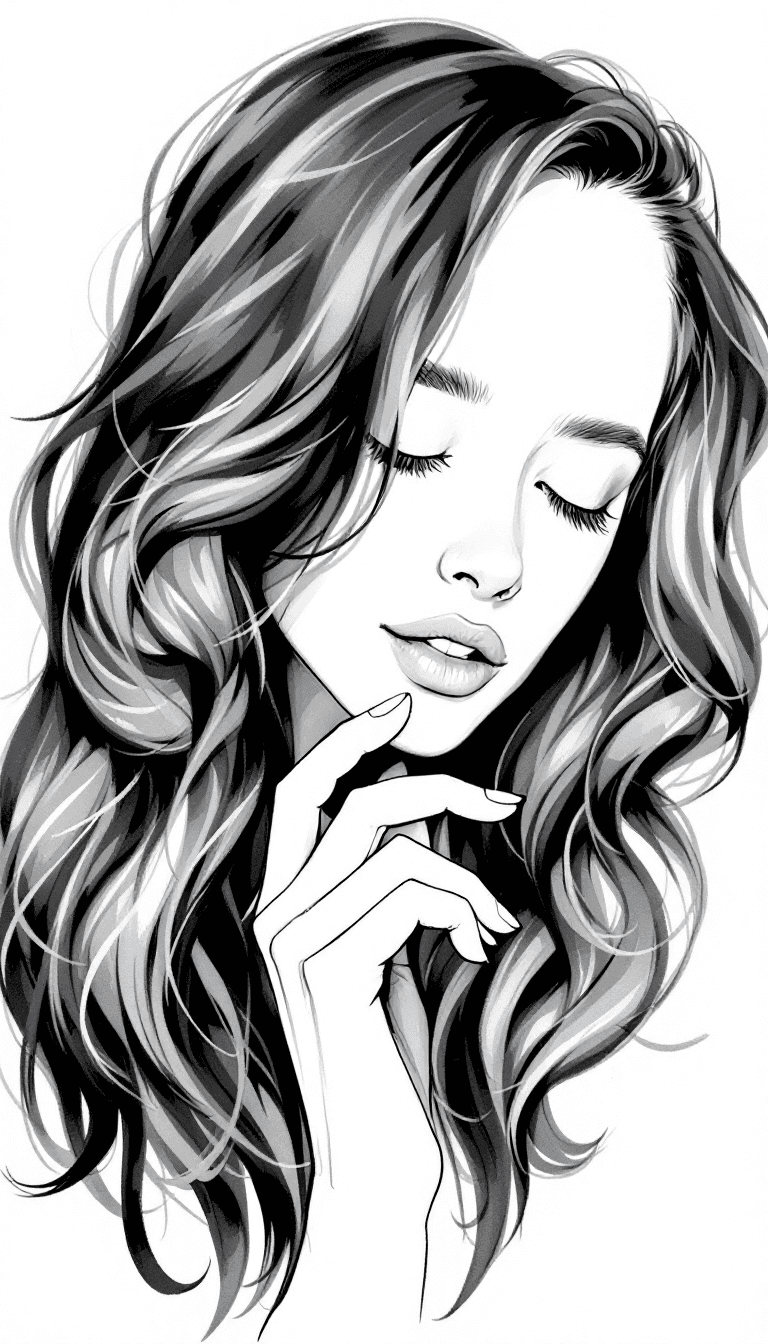 AI generated: The painting is a detailed black and white sketch of a woman with long, wavy hair that flows around ...