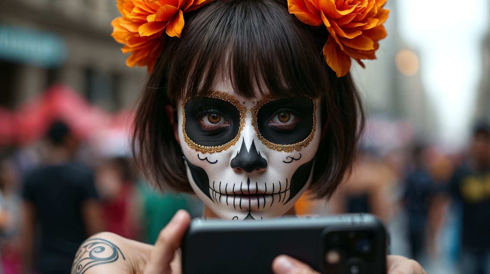 AI generated: 50 mm RAW portrait photograph, Dias de los Muertos Parade in Mexico City, (maximum photorealistic im...
