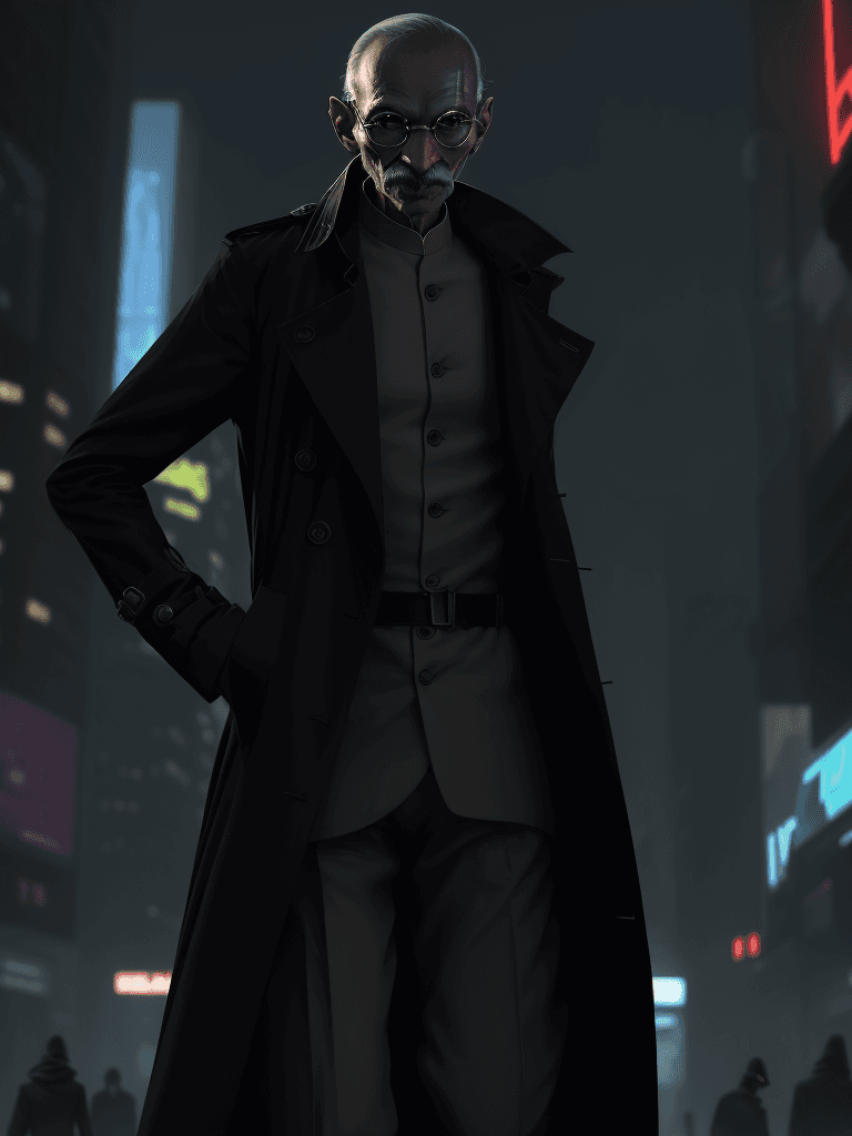 AI generated: Cimematic shot, Mahatma Gandhi  as  detective, wearing a futuristic trench coat and augmented realit...