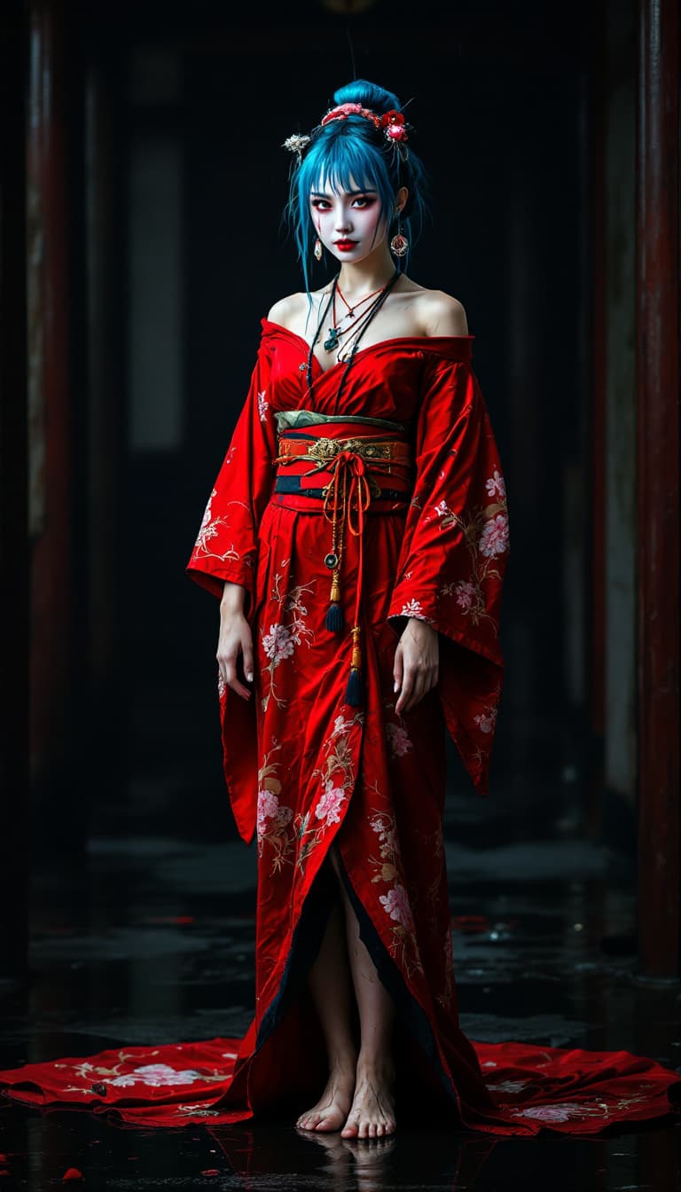 AI generated: Full body view of a beautiful bluehair woman in red and black kimono, barefoot, and geisha makeup wi...