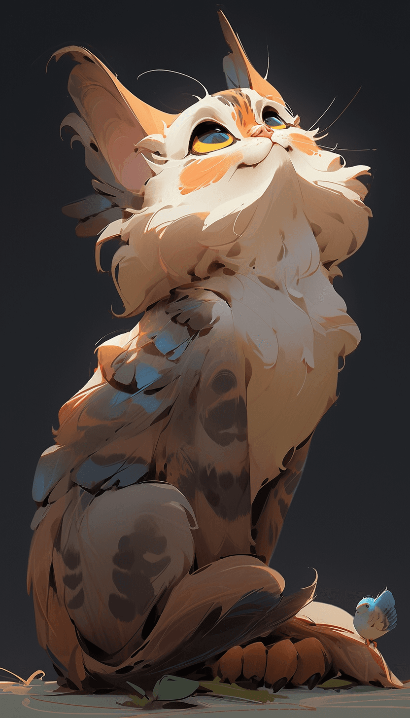 AI generated: part owl, part cat, owl cat, creature, cute, concept art, anime, 2D, painting, portrait, full body i...
