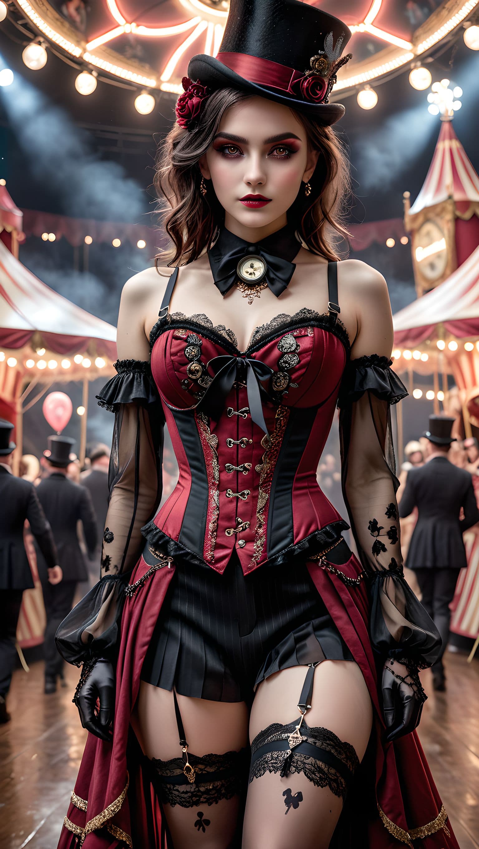 AI generated: Dark Fantasy style, A cursed circus ensemble, with unsettling surreal elements. The structured corse...