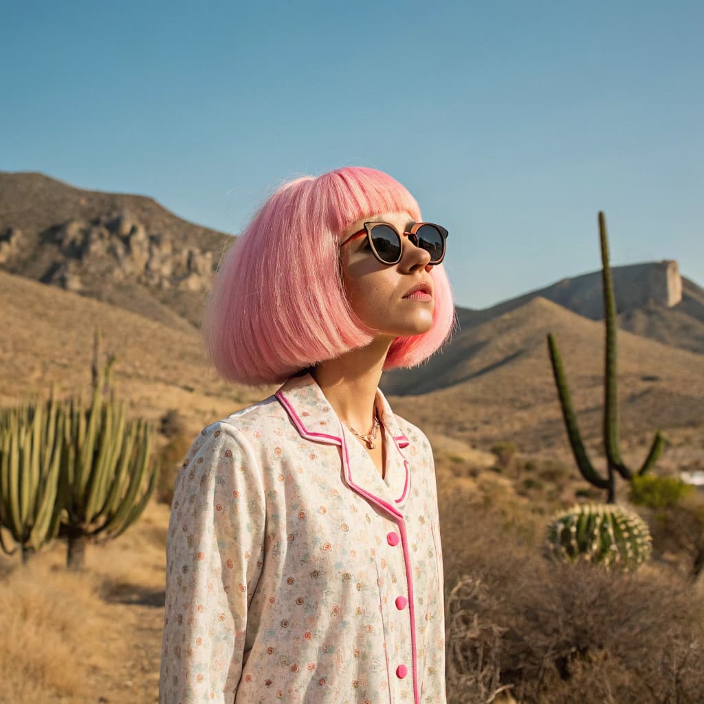 AI generated: a portrait photorealistic of a woman with huge pink haircut with bangs that covers her eyes and face...