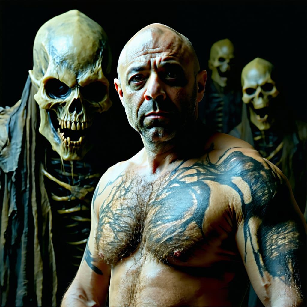 AI generated: freaky ahh Joe rogan, super creepy and evil looking with horrifying skin walker behind him