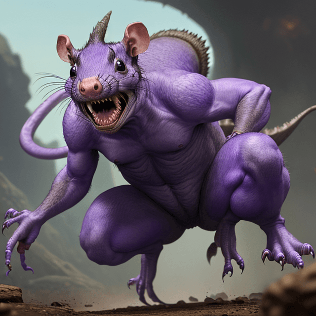 AI generated: front view of a jumping  prehistoric, wild, ugly, scary, giant violet rat,  8k