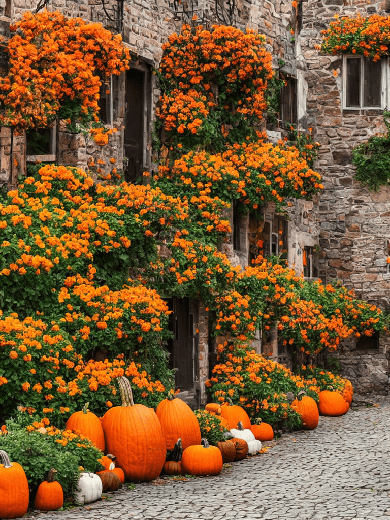 AI generated: pumpkins, autumn sunset in the old village, cobblestone houses, streets, plants, flowers, entrance, ...
