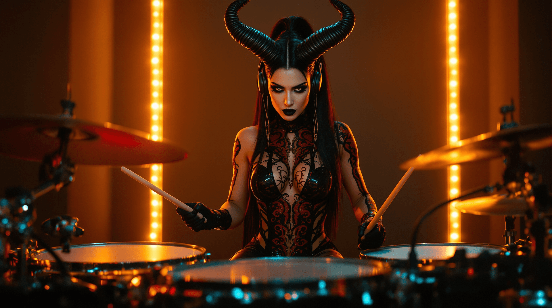 AI generated: a distant composed image, front angled, a strong and athletic female demon, and large, curved horns ...
