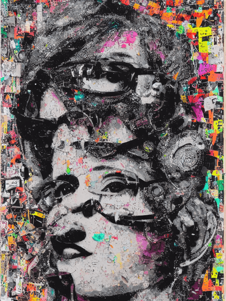 AI generated: Ultra detailed medium portrait painting, madonna wearing sunglasses, torn up punk poster, broken cir...