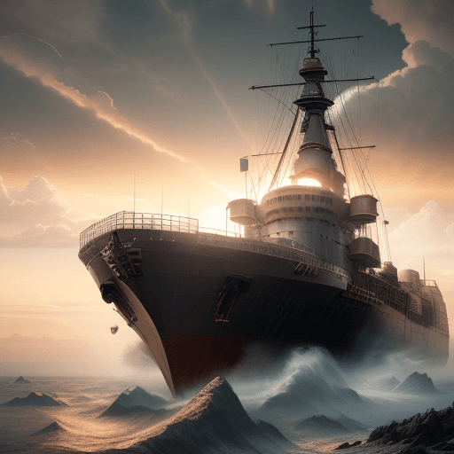 AI generated: Photo of a ultra realistic dreadnaught Bismark, dramatic light, pale sunrise, cinematic lighting, ba...