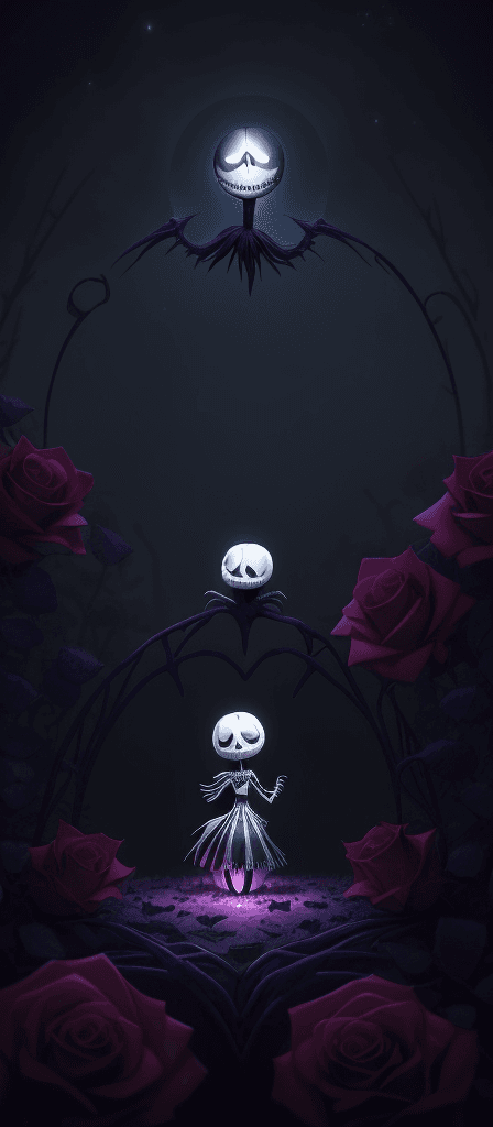 AI generated: **The Nightmare Before Valentines Day, Jack Skellington and Sally showing affection, glowing hearts,...