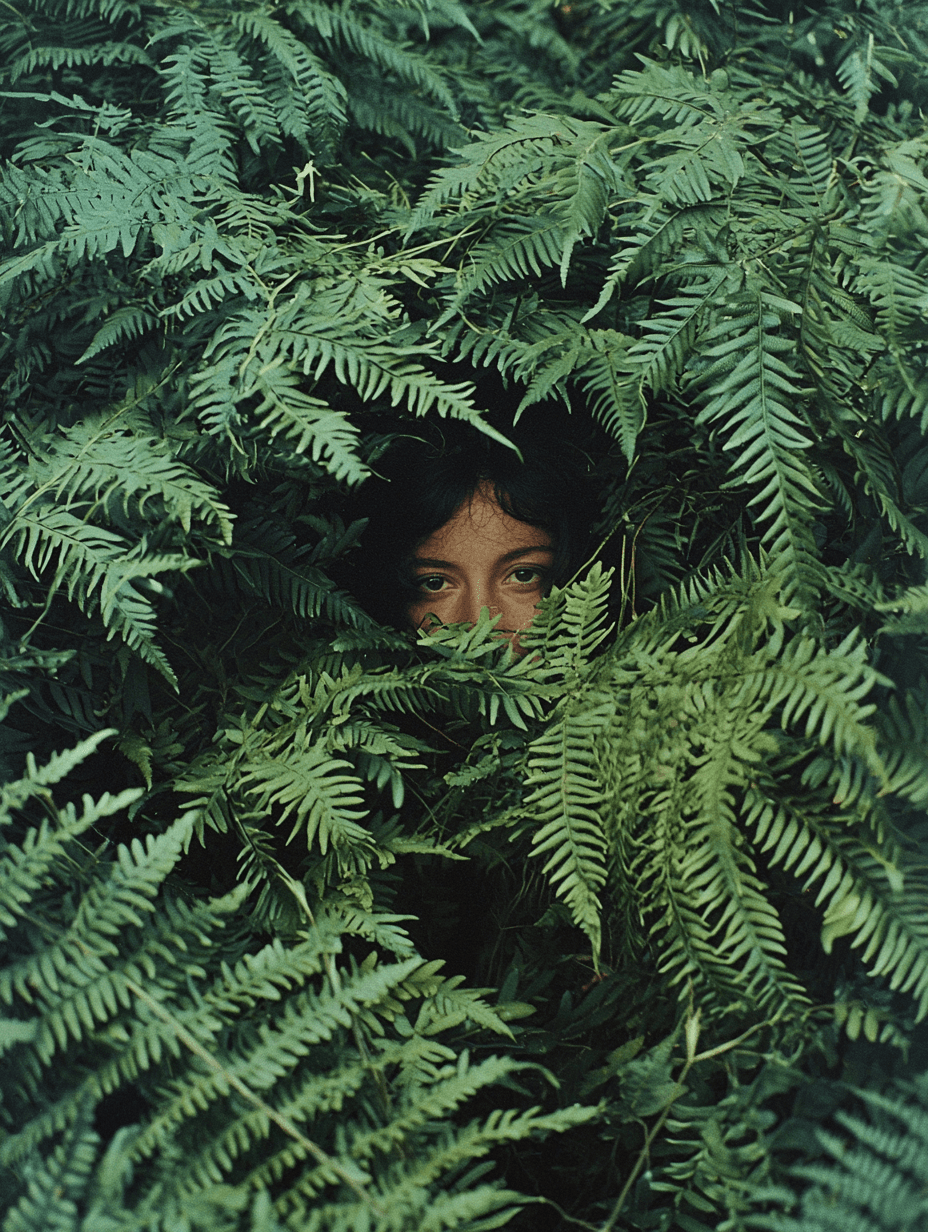AI generated: woman hiding in dense ferns, green , 90's photo, --v 6.1 --style raw --ar 3:4 --q 2 --s 100
