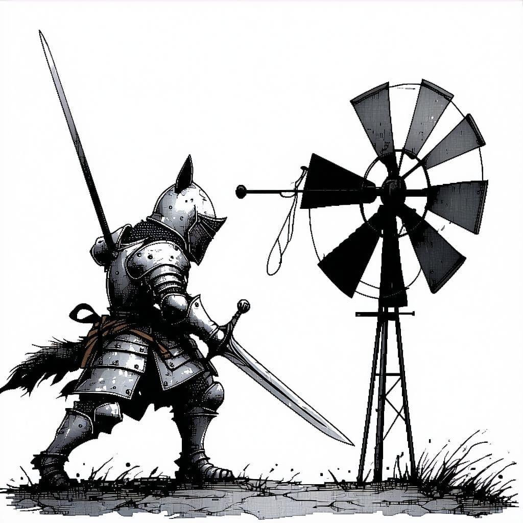 AI generated: a animal faced knight in a manga style fight a windmill
