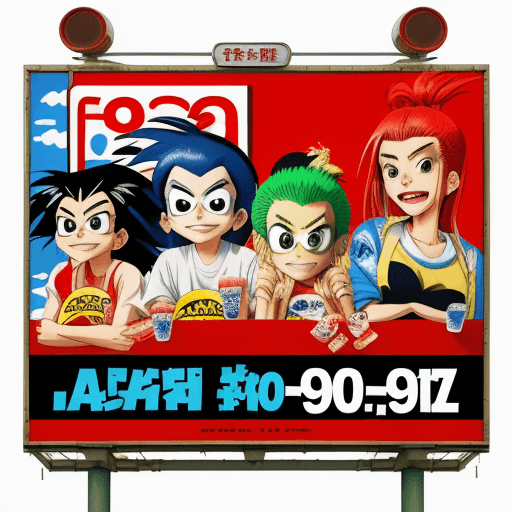 AI generated: fast food ad, billboard sign, 90s, anime, japanese pop, japanese words, in the style of Jamie Hewlet...