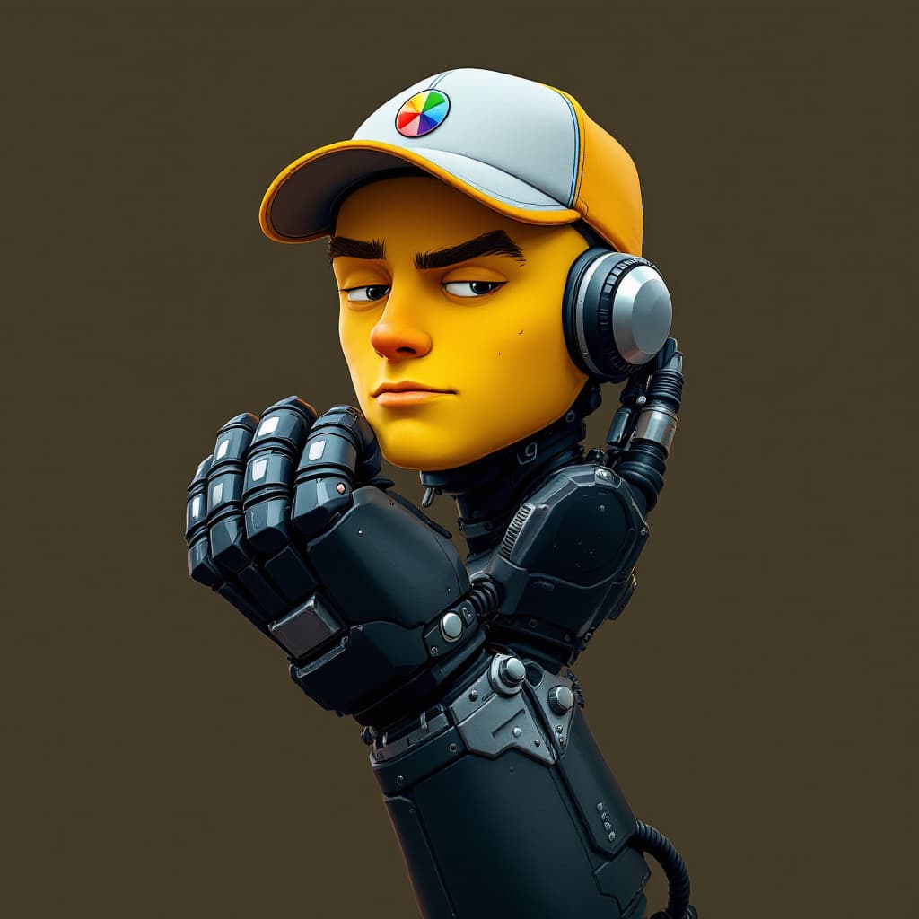 AI generated: Anyman Fred, Yellowish skinned cartoon head, no torso, baseball cap with small alternating multicolo...