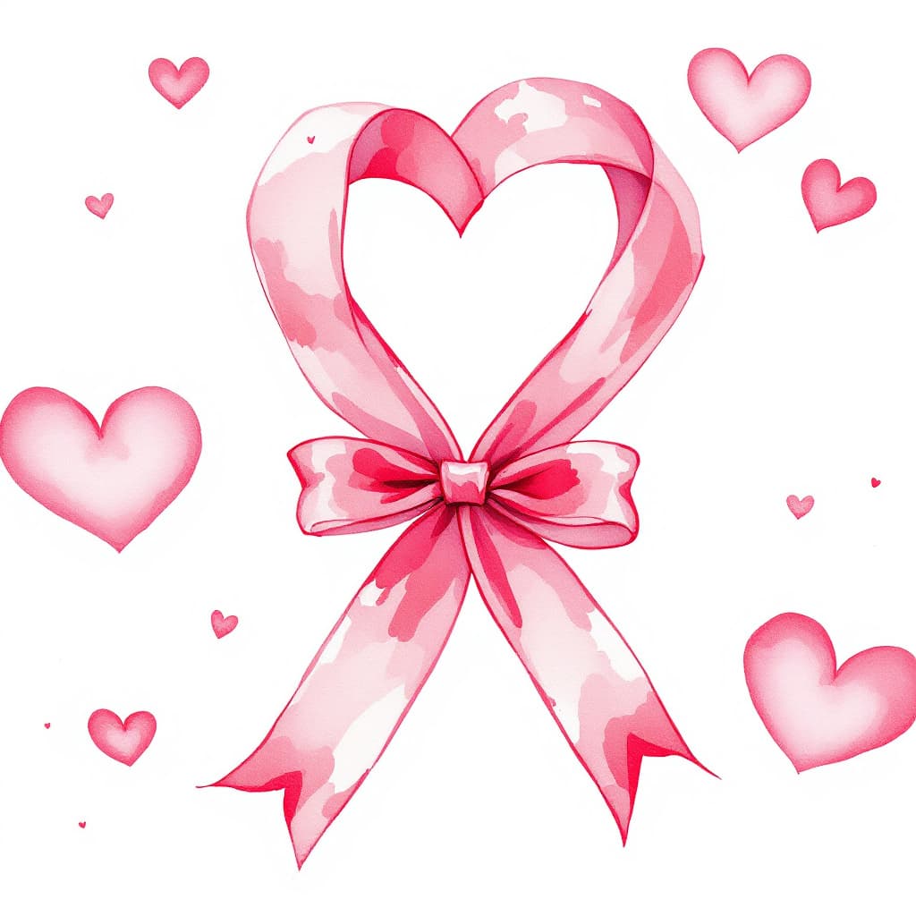 AI generated: cute watercolor pink ribbon  illustration,   , exaggerated features --ar 1:2 --stylize 750 red heart...