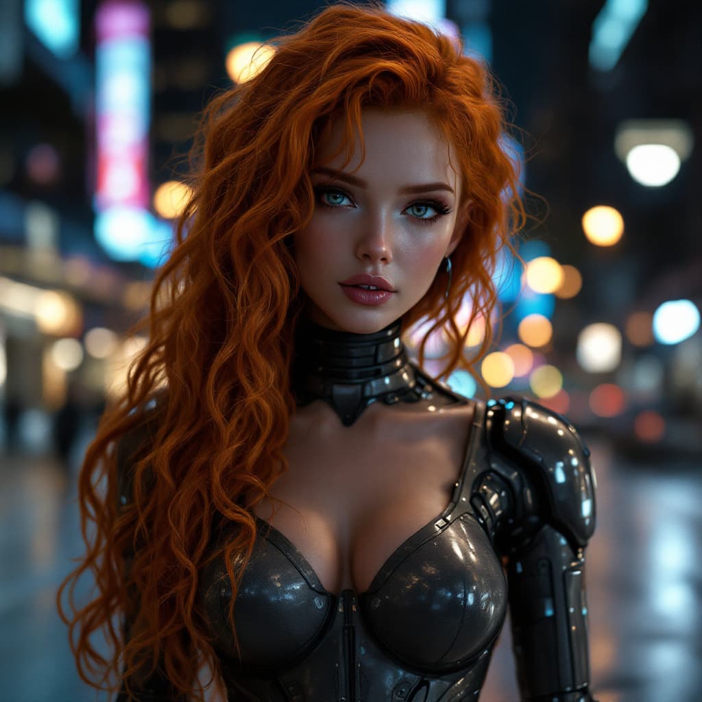 AI generated: an female android in a late night city scene, arms and legs like alita from the movie "Alita - Battl...