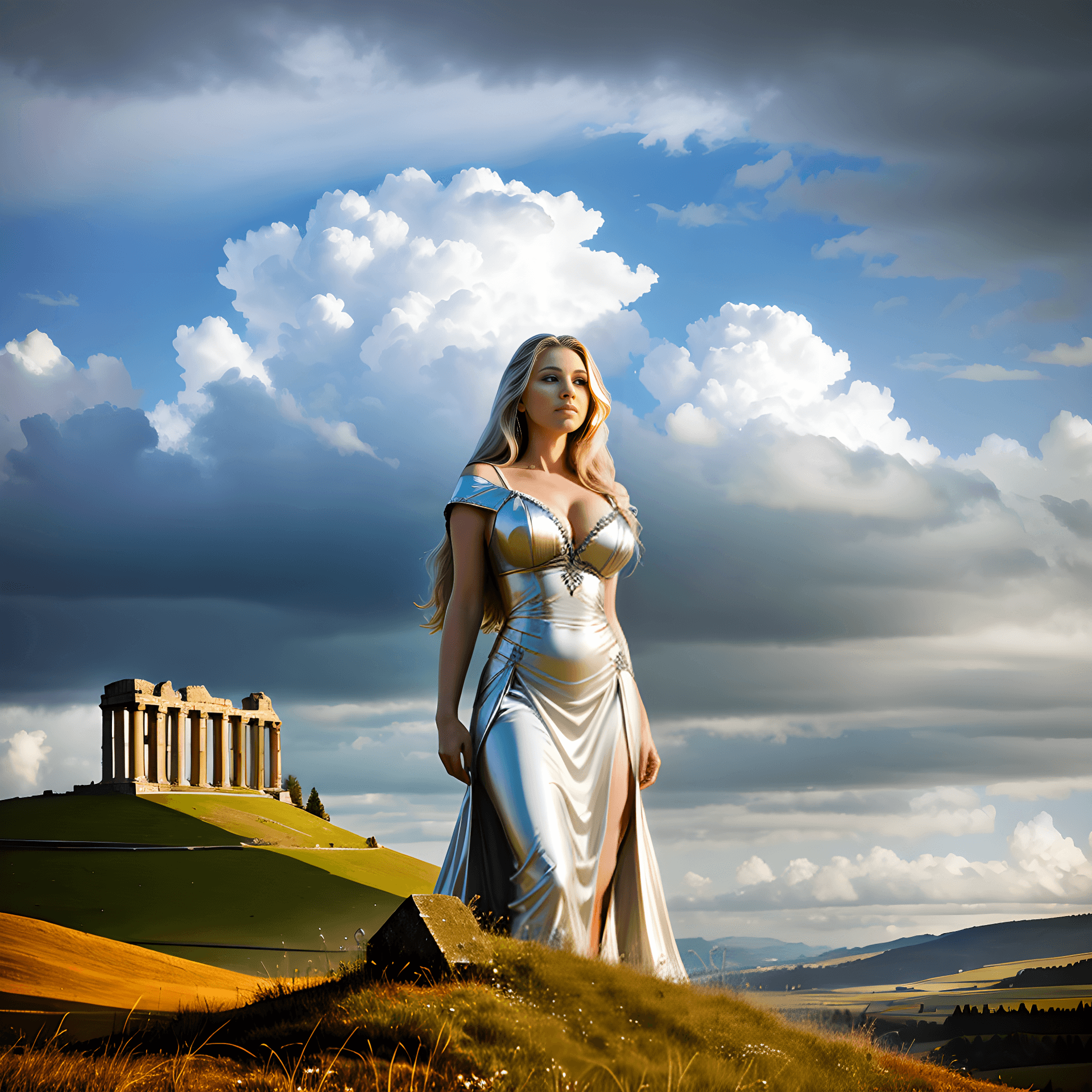 AI generated:  beautiful detailed portrait of a beautiful woman, busty, fair maiden, standing on a hill, flowing w...