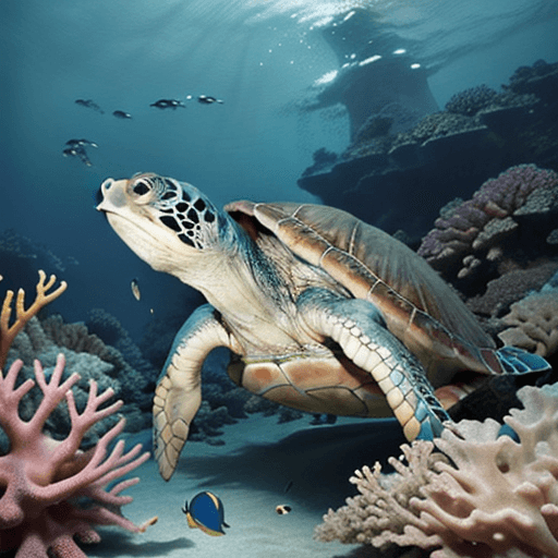 AI generated: Photo of a ultra realistic, green dreamy turtle looking at us in deeper small boat wreck, corals, sp...