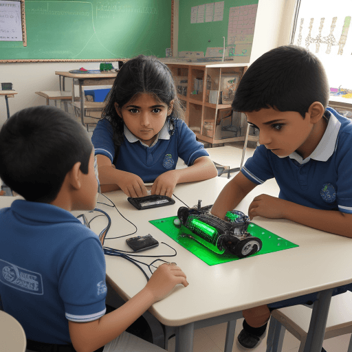 AI generated: Niños de primaria realizando proyectos de robótica en la escuela