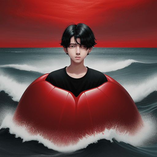 AI generated: 14 year old boy black hair behind a red ocean