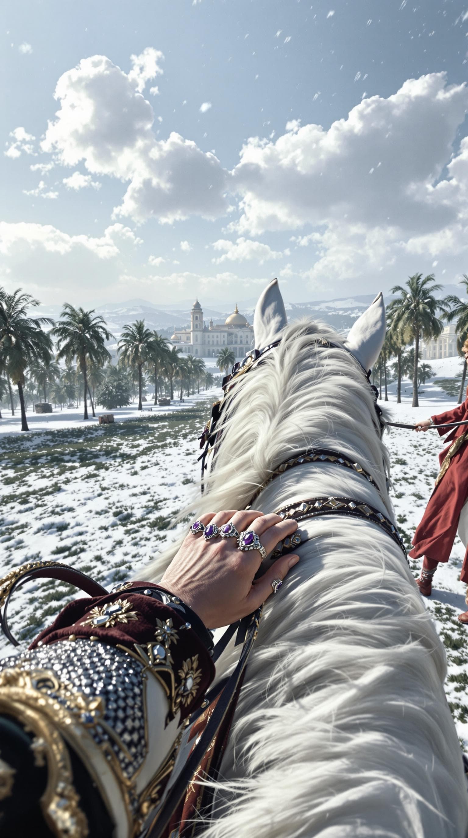 AI generated: First person POV, the male pale hands grip the reins of his majestic white horse, adorned with intri...