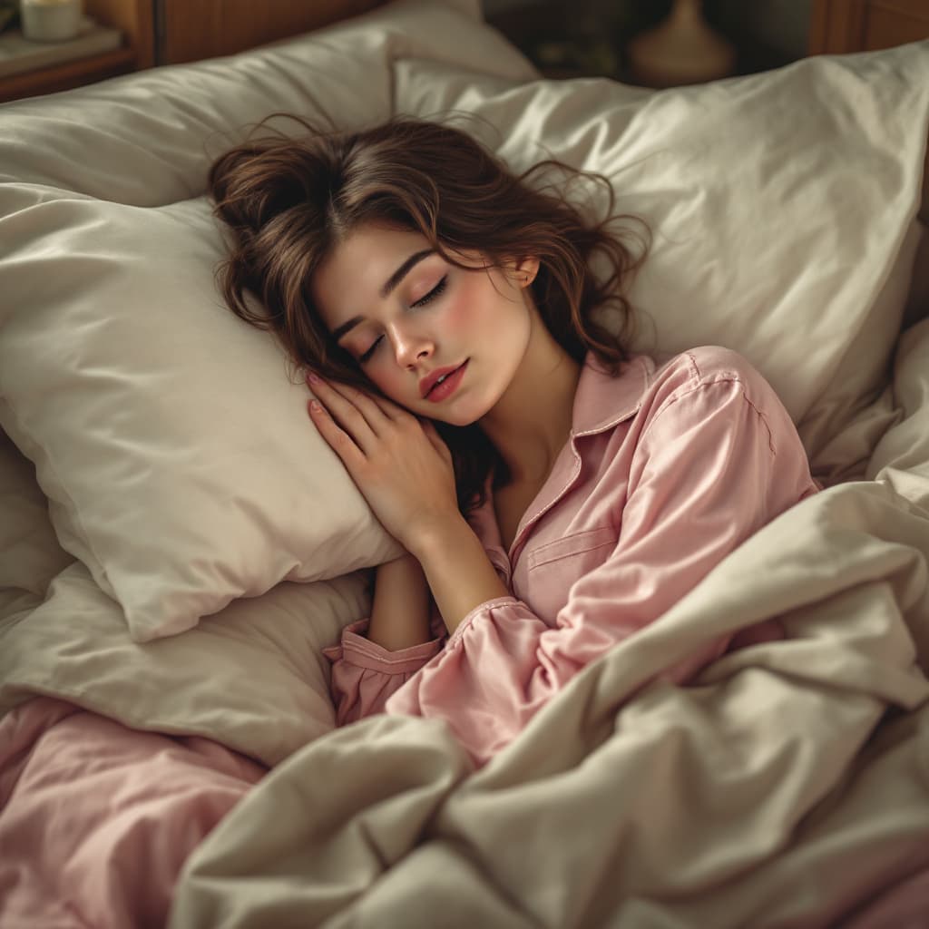 AI generated: Sleeping girl, 22 years old, realistic, she is wearing long pants, she is wearing pink pajama, brown...