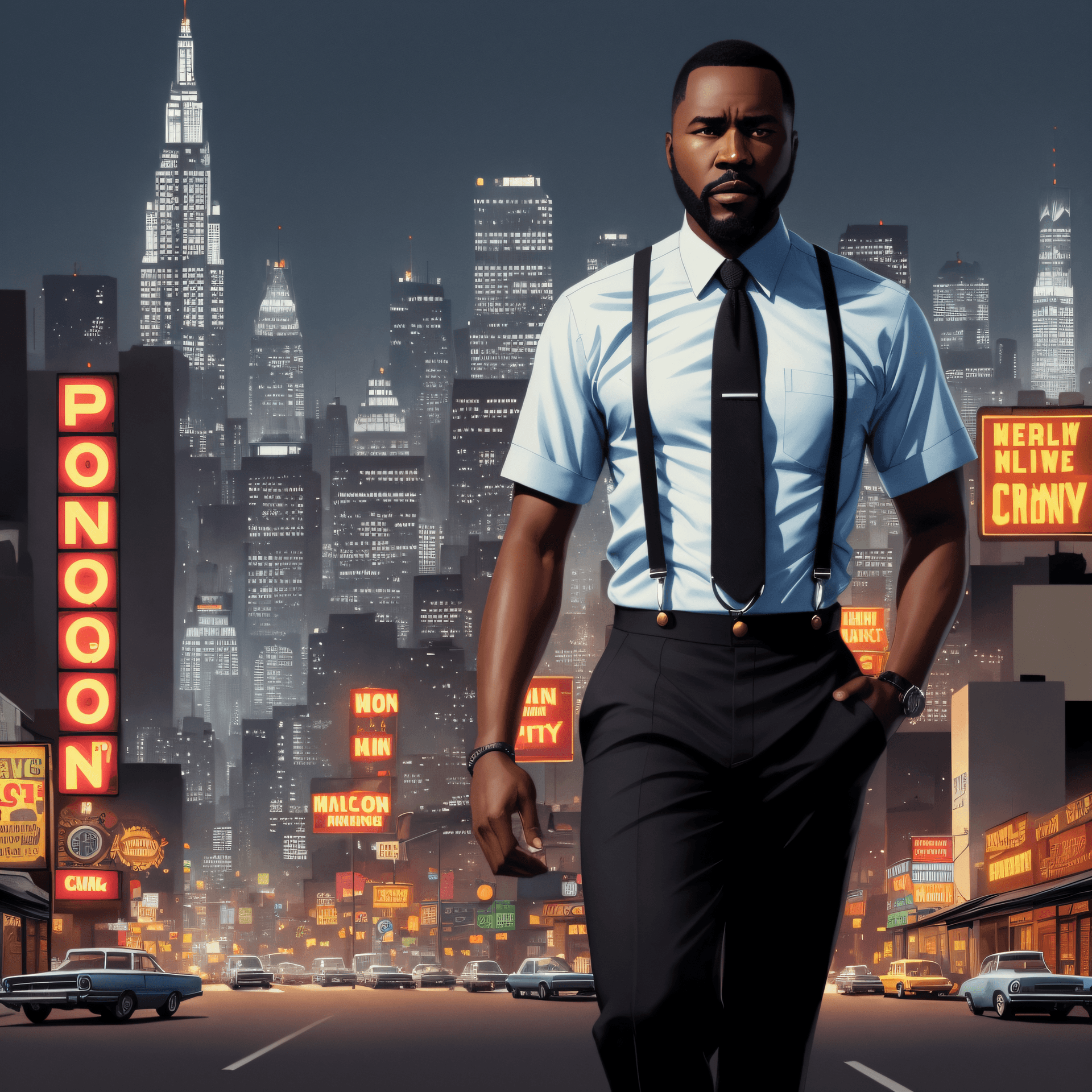AI generated: illustration of a black man, 45 y.o, slim body, wearing button shirt and suspenders, wearing tie, sh...