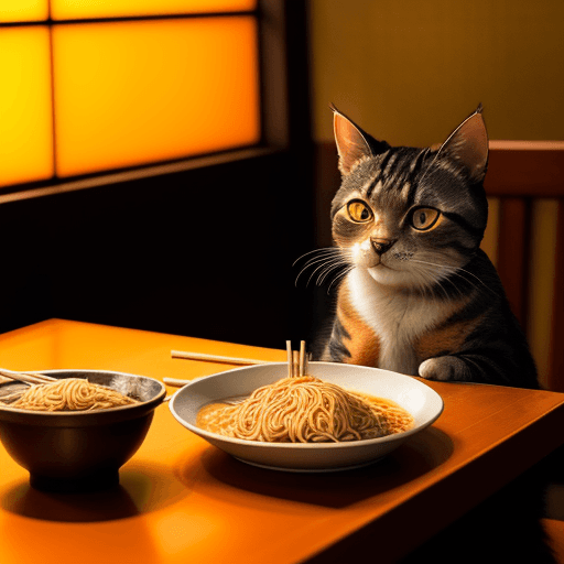 AI generated: A Cat sits at a table in an Indonesian restaurant, eating noodles with chopsticks