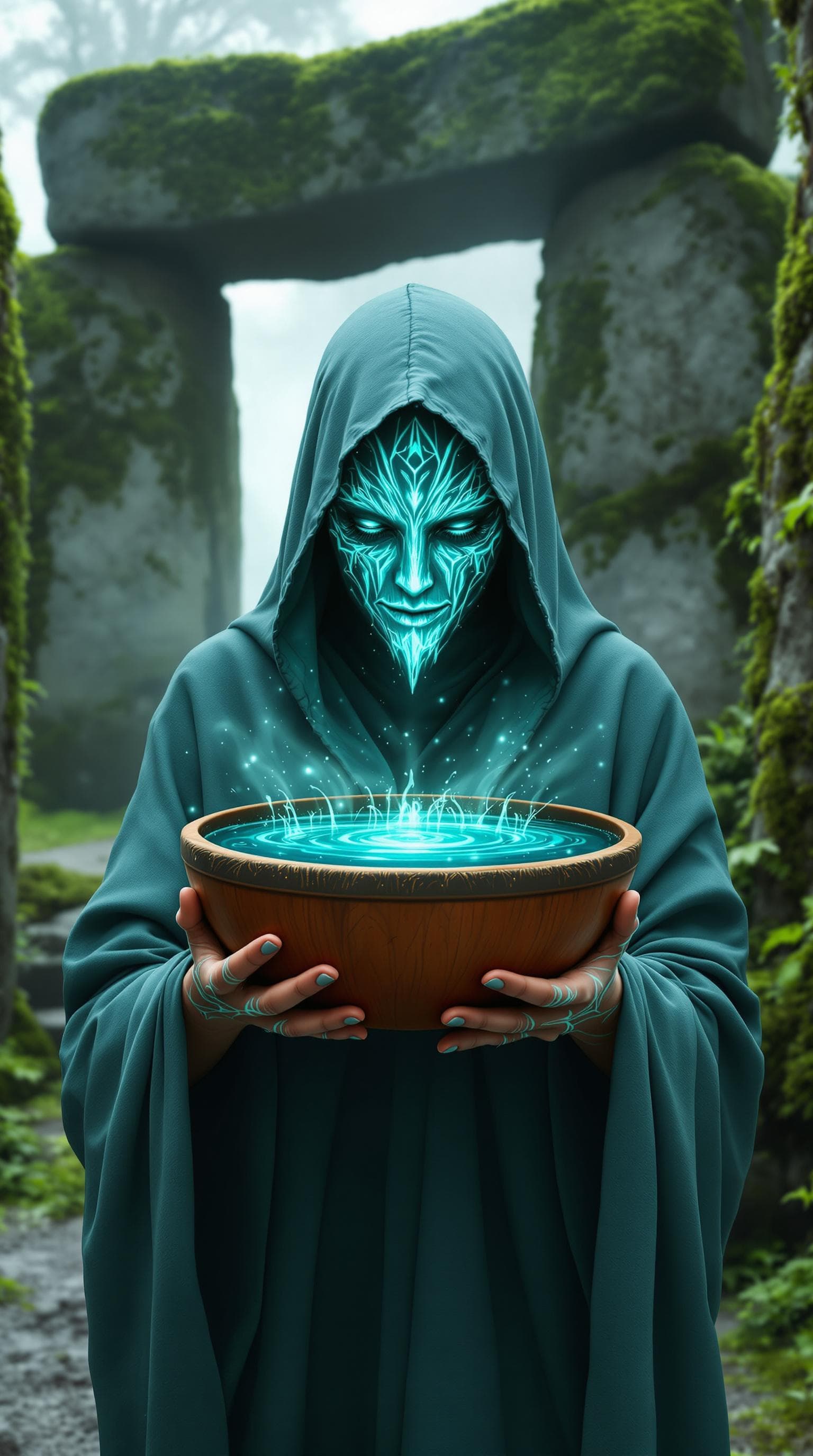AI generated: "Create a stunning, hyper-realistic image of a faceless figure wearing a teal hooded robe, holding a...