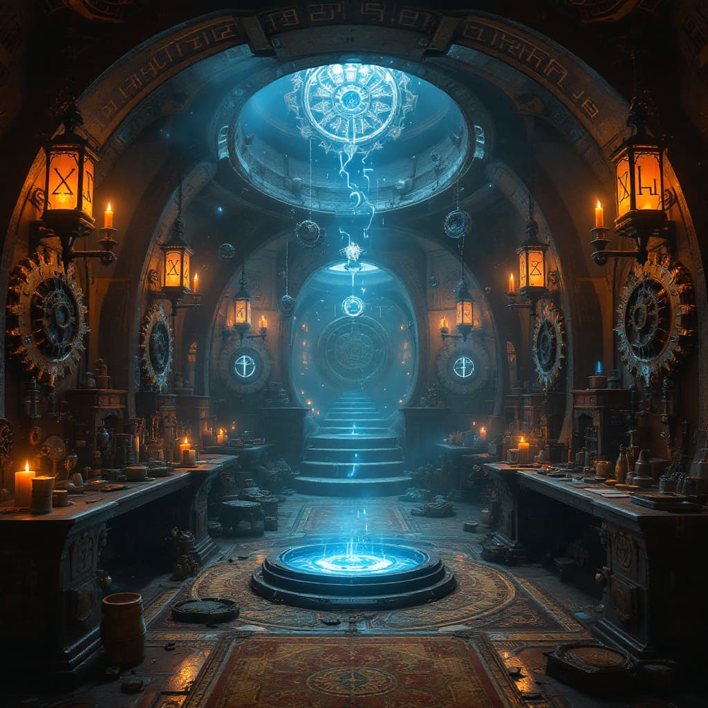 AI generated: D&D wizard's chamber, floating gears and time artifacts, glowing blue runes on walls, spacetime rift...