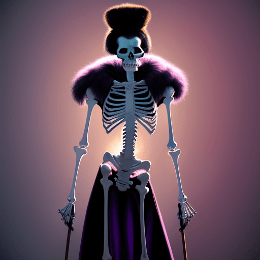 AI generated: a tall skeleton dressed in fur looking like Elvis has a long stick in his hand which he starts to wh...