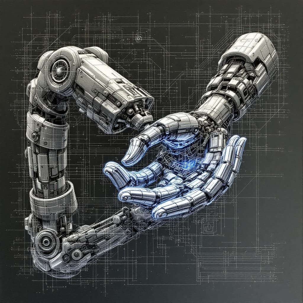 AI generated: a drawing of a robotic arm and a human that. hand in hand, construct a complex machine together
