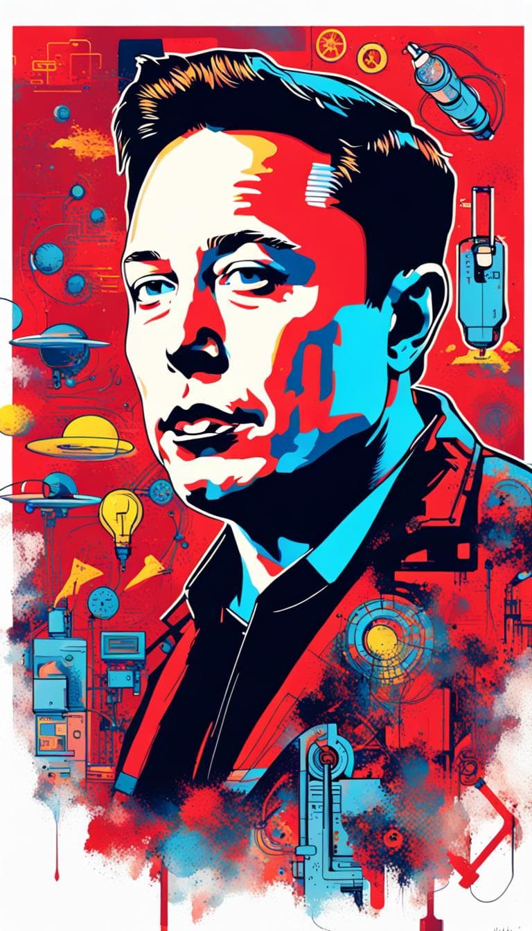 AI generated: Create a striking and bold image of Elon Musk as a poster surrounded by ideas and scientific objects...