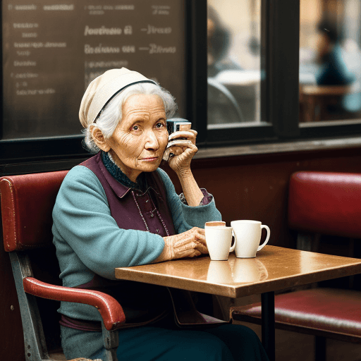 AI generated: Photograph of an Old woman sitting in a cafe