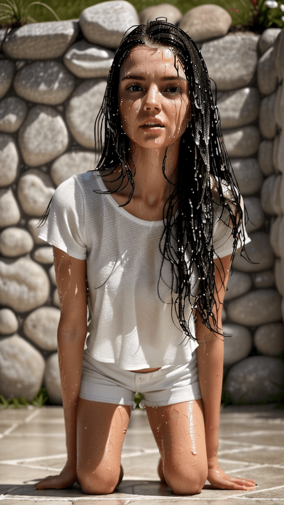 AI generated: Generate an image of a woman with wet hair, kneeling on the floor and looking up towards the camera....