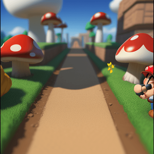 AI generated: Super-Mario running, Mushroom Kingdom background, 32k, closeup, trending on poltcount 3D, game --v 5...