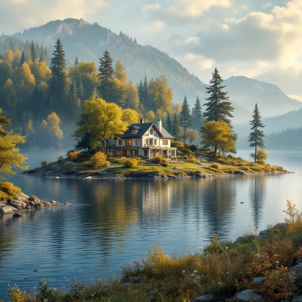 AI generated: A house on a hill surrounded by water and trees
