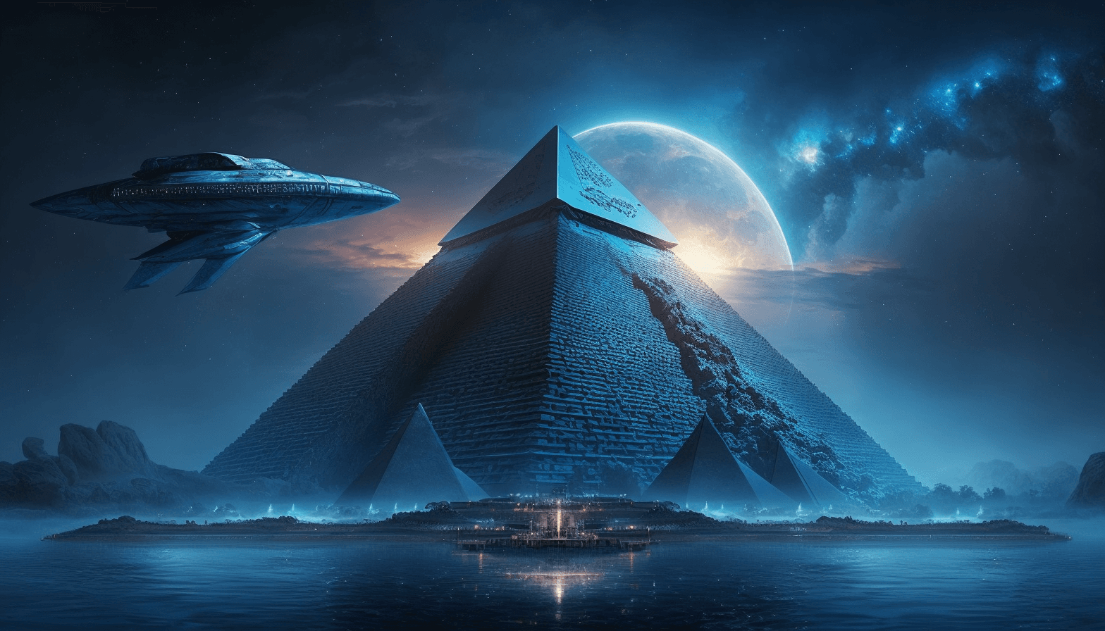 AI generated: blue pyramid refletct over the nile , alien spaceship --ar 16:9 --q 2