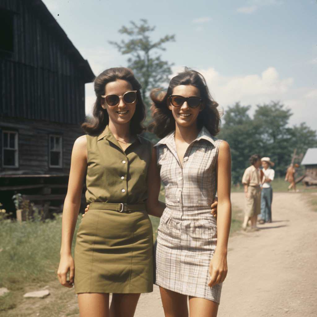AI generated: A photo from the late sixties shows two women standing on an old country road. One woman wears glass...