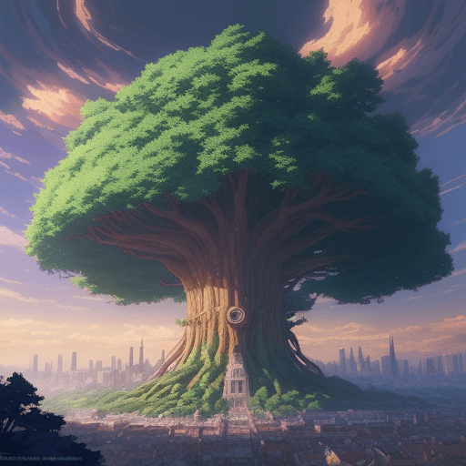 AI generated: style of P.A. Works, A giant tree with a city built into it, fantasy, illustration, animation, styli...