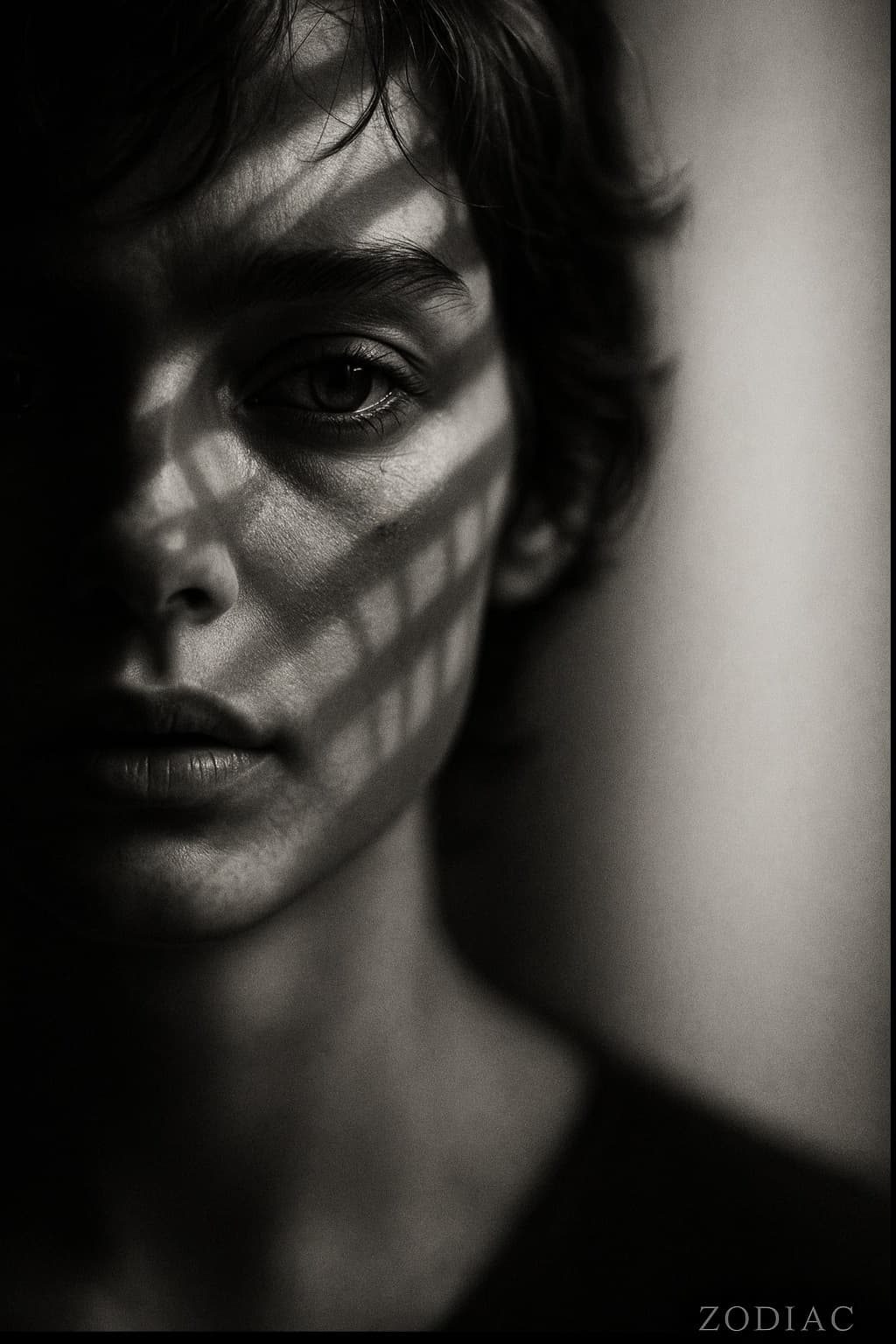 AI generated: High-contrast, monochromatic black and white, extreme close-up half-portrait of a young woman. Razor...