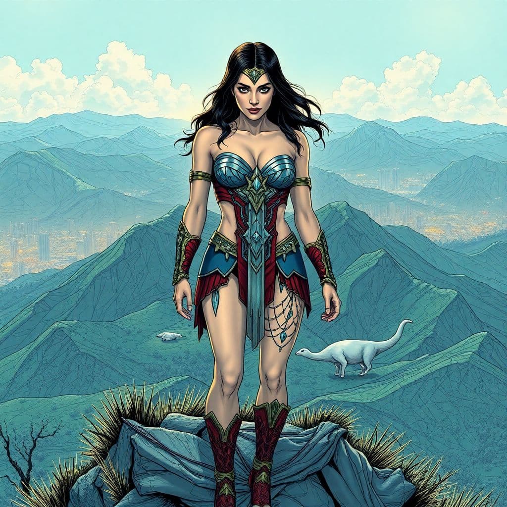 AI generated: poster of sexy gal gadot | (((nude) )) | amazon warrior princess| standing on hill | centered| key v...