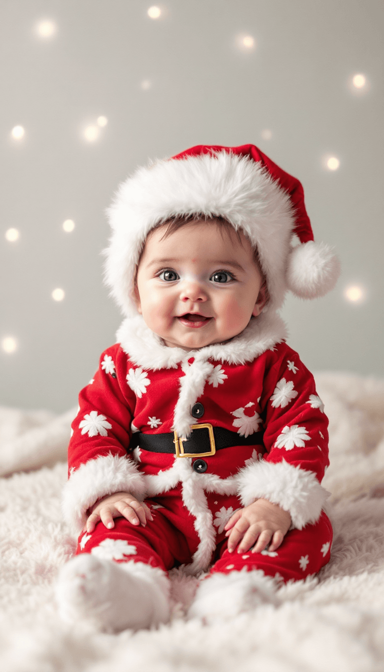 AI generated: A baby girl dressed in santa claus pajamas background "with love"