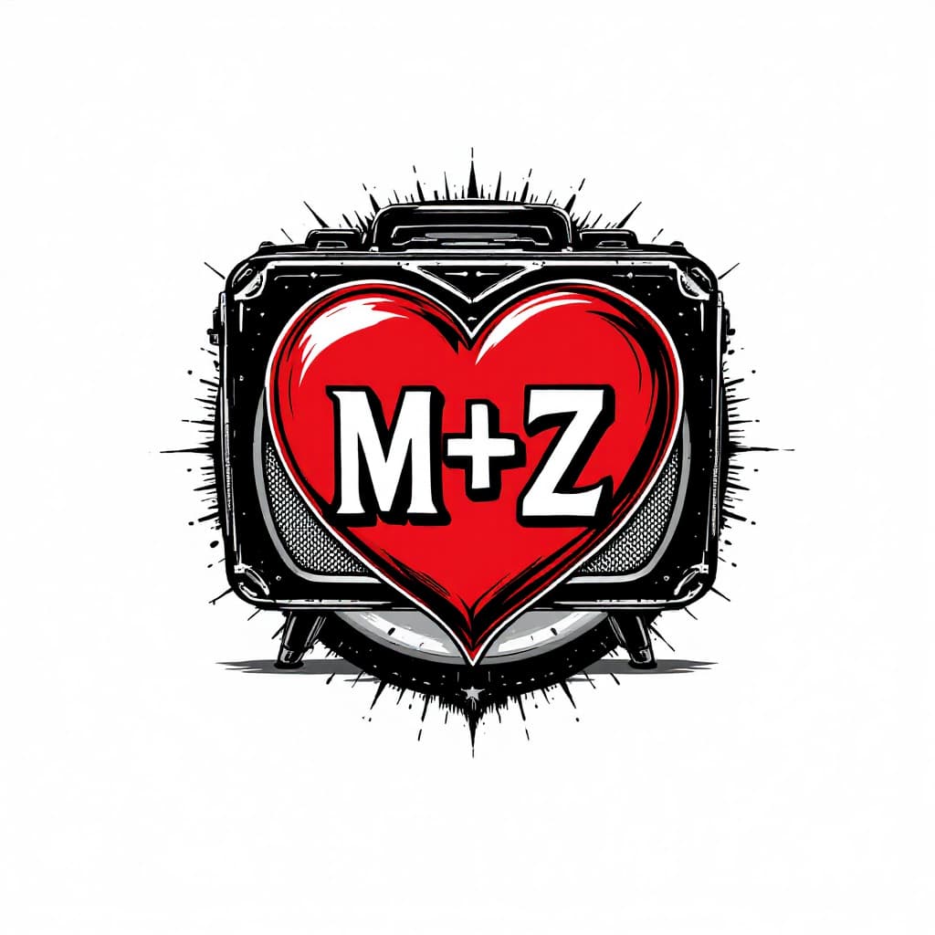 AI generated: black and white vintage radio logo with a red heart with the text M+Z inside