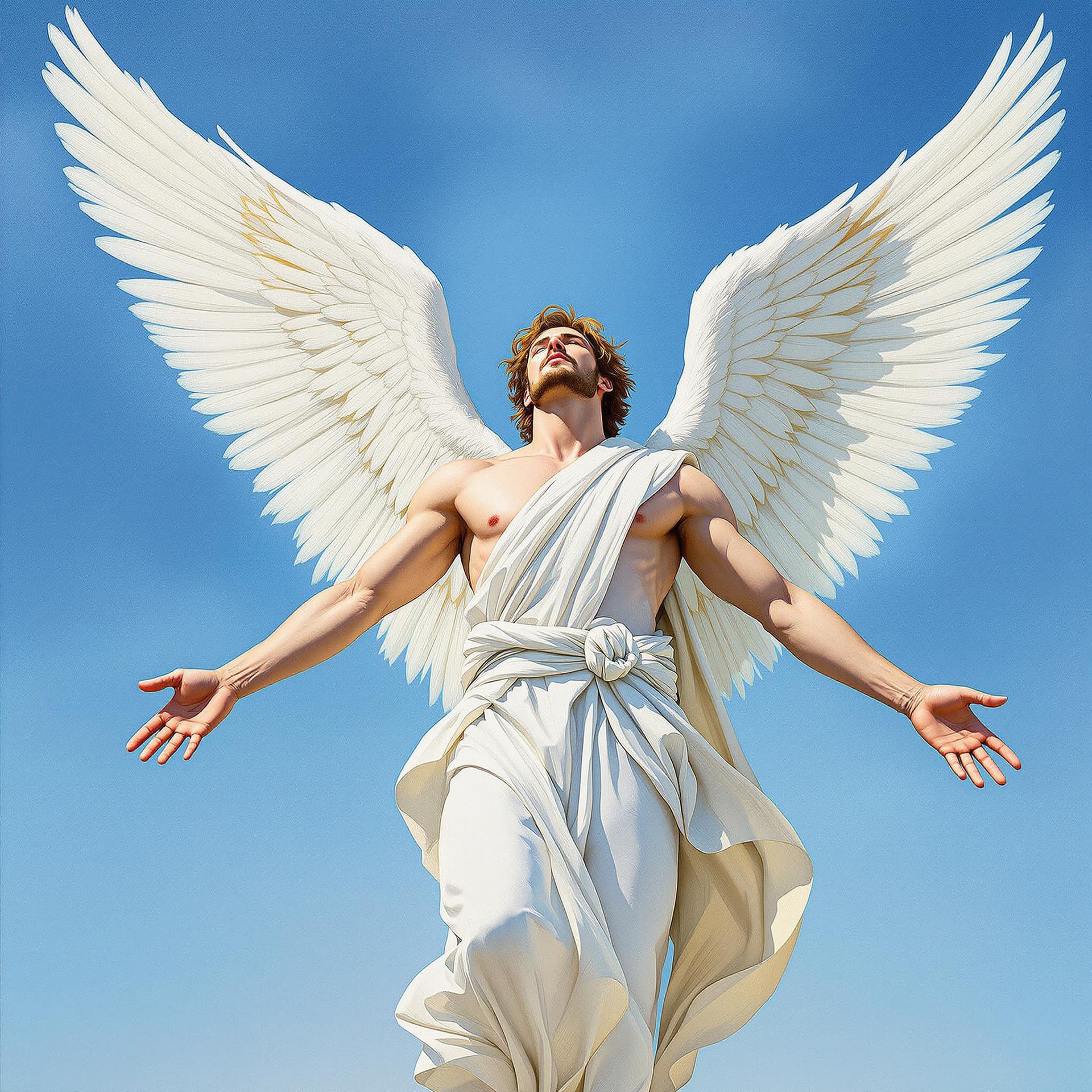 AI generated: An artist's drawing of a masculine male, a strong angel, light brown hair, a clean-shaven face, arms...