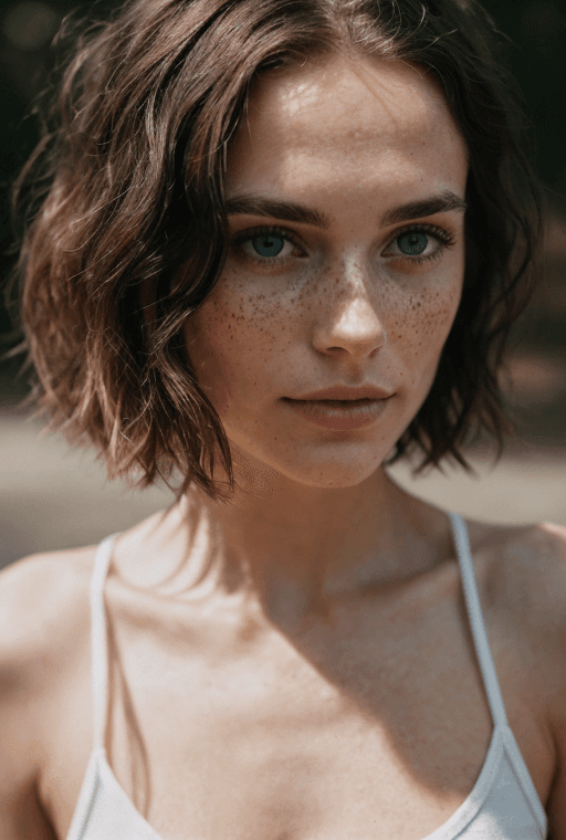 AI generated: detailed and realistic (upper body portrait:1.2) of a woman with a few (freckles:0.8) BREAK round ey...