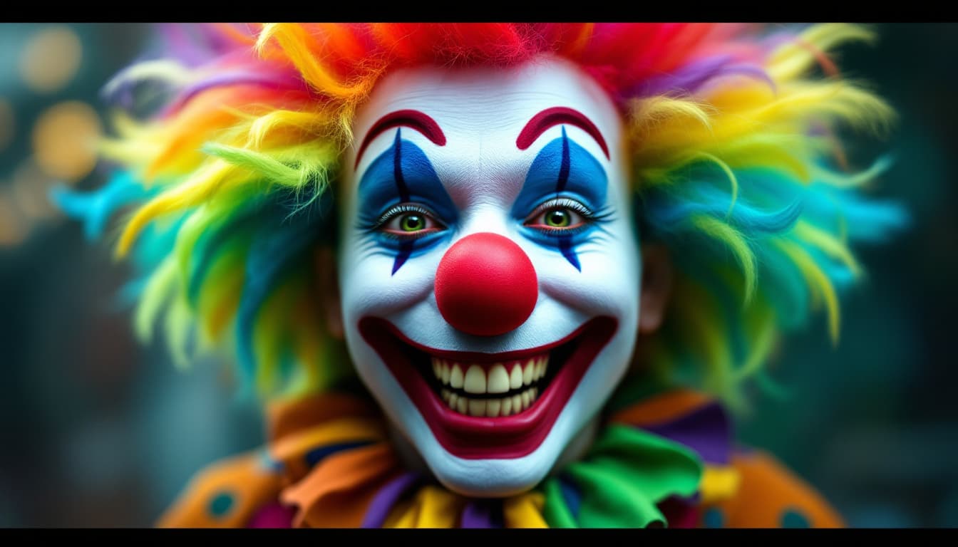 AI generated: A vibrant and energetic clown with a bold, colorful face, a bright red rubber nose, and a wild, rain...